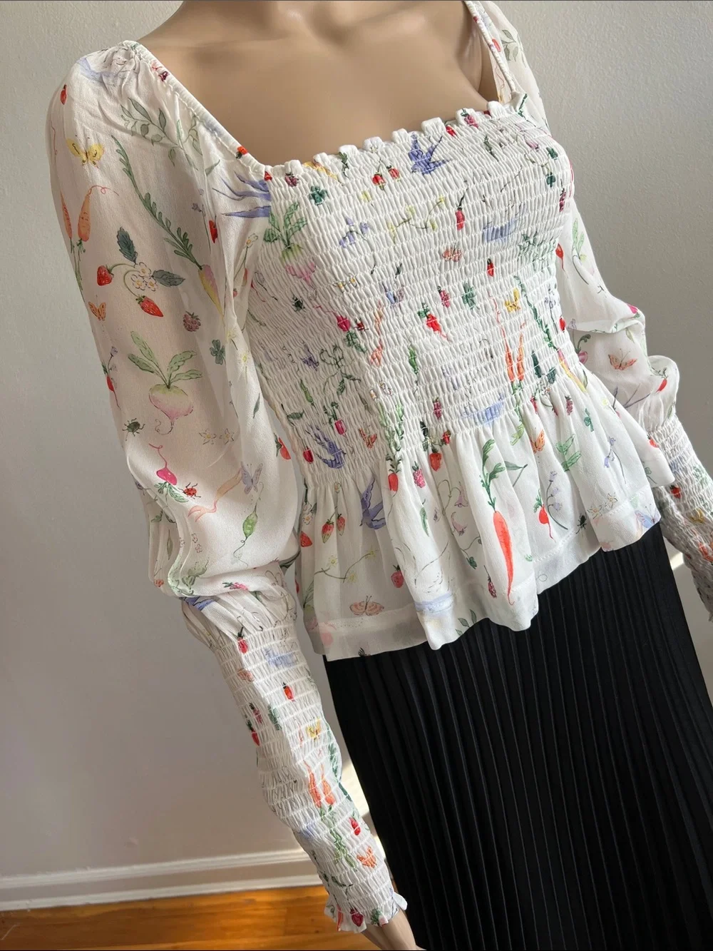 Hill House Long Sleeve Smocked Peplum Top Blouse Size S